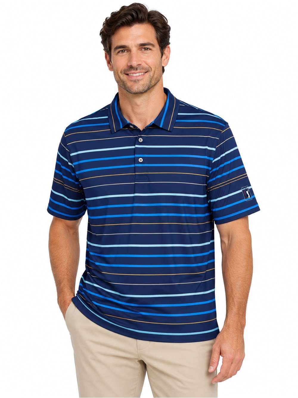 PGA Tour Navy and Royal Blue Striped Polo